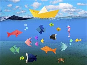 Paper-folded fish and boat, origami underwater world