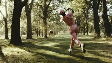 Golfer in pink attire swinging a club in a sunlit forest golf course, AI generated