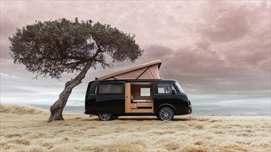 A black camper van is parked by a tree in an open field beneath an overcast sky, AI generated