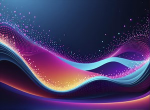 Colorful neon waves in blue and pink flow dynamically against a dark background, creating a vibrant