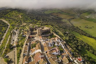 Monsaraz drone aerial view on the clouds in Alentejo, Portugal, Europe