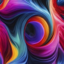 Colorful abstract fluid vortex with vibrant shades of purple, red, blue, and teal, creating a sense