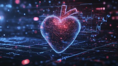 A digital heart in neon blue and pink, set against a backdrop of technical graphs and glowing