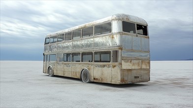 Rusty double-decker bus situated in vast salt flats under a stormy sky, giving an abandoned and