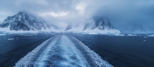 A ship's wake cutting through the icy ocean surrounded by snow-covered mountains under a misty sky,