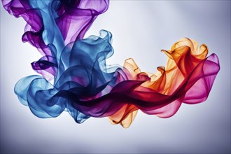 Abstract flowing ribbons of colorful fabric in blue, purple, orange, and red hues, AI generated