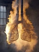 Lungs suspended from pipes emitting smoke against an orange and dark background with a window, AI