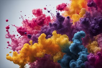 A vibrant explosion of colorful paint clouds creating an abstract display, AI generated