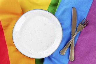 Gay food concept. A plate with cutlery, overhead flat lay shot on the LGBTQ rainbow flag texture,