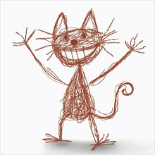 A cheerful scribbled cat with raised arms, outlined in red, conveying an energetic and playful