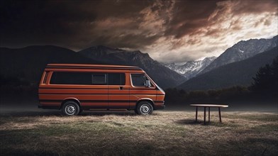 Orange camper van parked in a grassy field with mountains in the background during sunset, under