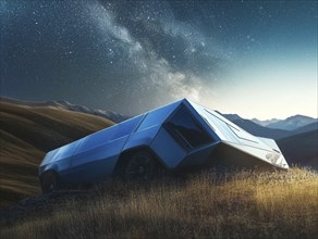 Futuristic car on a grassy field surrounded by mountains under a starry night sky, AI generated