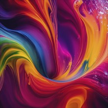 Vibrant fluid swirl with a spectrum of colors, including red, orange, yellow, green, and purple,