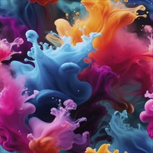 Explosion of colorful paint splashes in a vibrant mix of pink, blue, and orange against a black