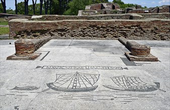 Mosaic with maritime themes, ships, remains of walls