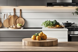 Bright modern kitchen with a round wooden table and fresh vegetables, emphasizing minimalist