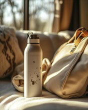 A light gray water bottle with decorative artwork sits in a cozy, sunlight-filled room on a beige