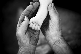 Youth and old age. Hands of grandmother and granddaughter.