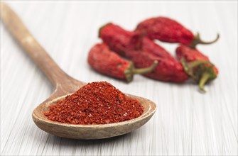 A close up photo of red pepper powder on a wooden spoon and whole red peppers in the background