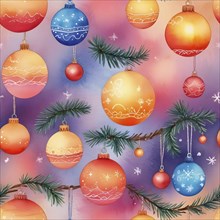 Colorful Christmas ornaments hanging from pine branches against a festive gradient background,