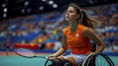 A wheelchair tennis player in an orange shirt looks focused while holding a badminton racket, ready