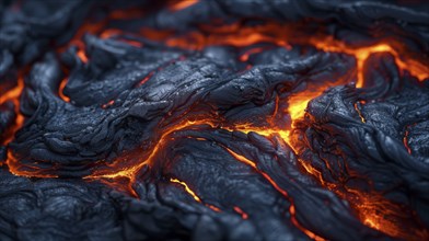 Black and orange intense lava textures, glowing with a fiery energy through rough terrain, AI