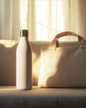 A white bottle with a metallic top and a beige bag placed on a fabric sofa, bathed in soft