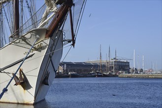 Den Helder, Netherlands. April 2023. The bow and bowsprit of an old schooner