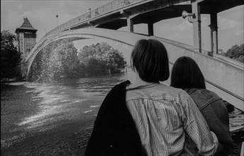 Germany, Berlin, 27 June 1991, Abbey Bridge to the Island of Youth in Treptower Park, (with water