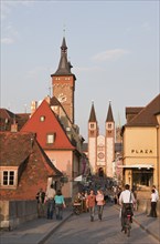 Old Main bridge in Wuerzburg with St Kilian's Cathedral and town hall, Wuerzburg, Lower Franconia,