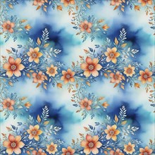 Intricate floral pattern with orange flowers and leaves against a teal background with a blue