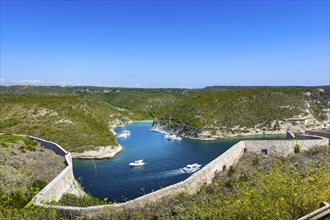 Arbor, boats, landscape and blue sky at Bonifacio, Corsica