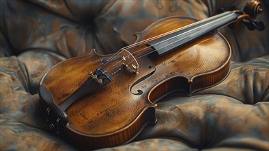 Antique violin with intricate details resting on a plush, patterned cushion, exuding a vintage and