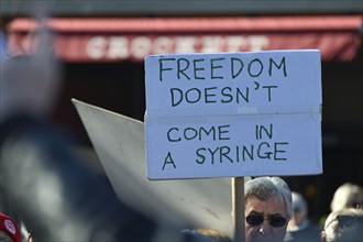 CHRISTCHURCH, NEW ZEALAND, JULY 24, 2021, Detail of a placard at a protest rally at the Bridge of