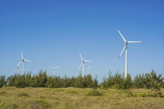 Great concept of renewable, sustainable energy. Wind field with wind turbines, producing aeolian