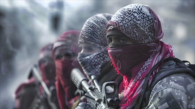 Four young Muslim fighters armed with an assault rifle with red and black coloured kufiya,