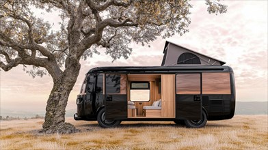 A black camper van is parked next to a tree in an autumn field, presenting a tranquil mood, AI