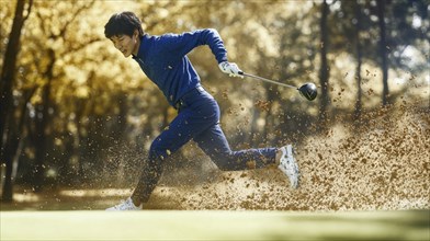 Man in blue outfit running on a golf course, dirt trailing behind, AI generated