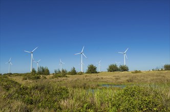 Great concept of renewable, sustainable energy. Wind field with wind turbines, producing aeolian