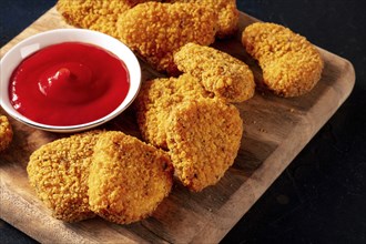 Chicken nuggets with ketchup on a wooden board, with a place for text. A crispy snack at a