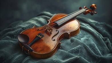 A beautifully crafted violin resting on a textured green fabric, displaying its elegant wooden body