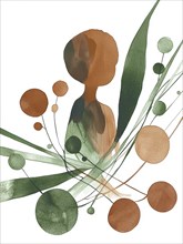 An abstract watercolor painting depicting a human silhouette amidst green and brown swirls, AI