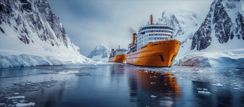 Two orange icebreaker ships navigating icy waters surrounded by snow-covered mountains under a