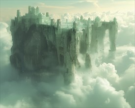 A floating city in ruins, enveloped by thick clouds creating a mystical and fantastical atmosphere,