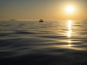 Small boat, evening sun over the sea, in front of sunset, island world off Vodice, Dalmatia,