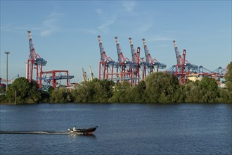 Symbolic picture weather, summer, view from Finkenwerder to motorboat, green vegetation on the