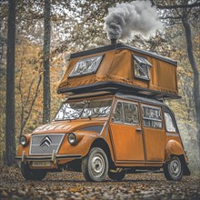 Orange vintage car with rooftop tent van in an autumn forest with smoke coming out of a chimney on