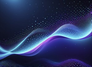 Flowing blue and purple neon lights with scattered dots create a modern abstract digital art on a