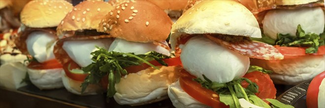 Tapas and pinchos at a food market in Spain. Traditional Spanish gastronomy. Finger food,