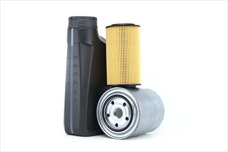 Motor oil container and filters isolated on a white background. Car servicing, automotive industry